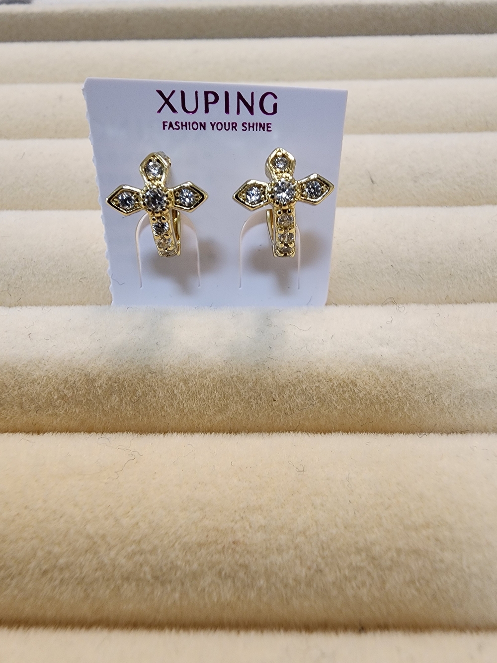Ping Gold Cross Crystal Stud Earrings